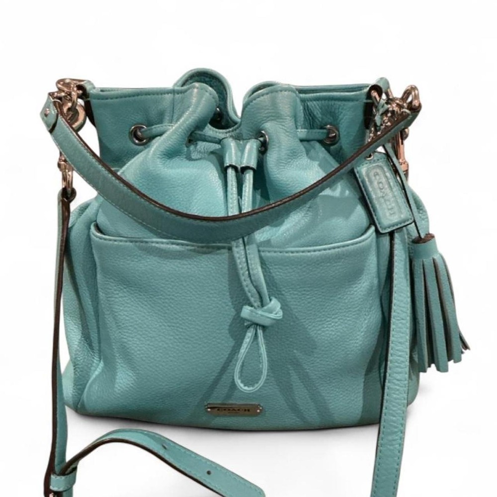 Coach Bucket Bag Womens Medium Teal Blue Excellent Leather F27003